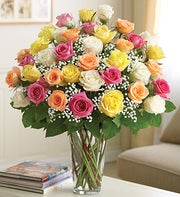 /four dozen roses in glass vase