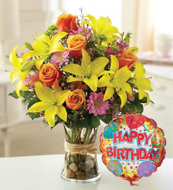 lilies, daisies, alstros with birthday balloon