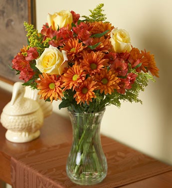 yellow roses, red alstromeria, orange-red