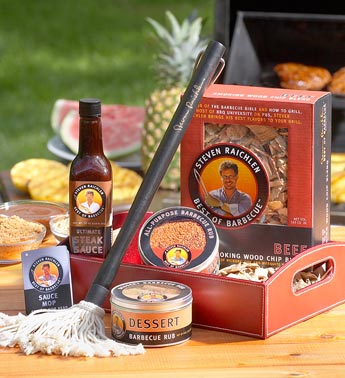 red leatherette basket filled with bbq rub, sauce