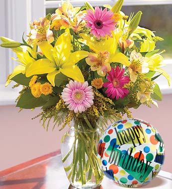 lilies, alstroemeria, mini gerberas, w/balloon